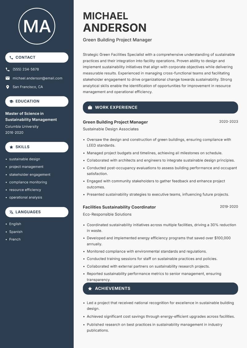 Green Facilities Specialist resume sample — Green Building Project Manager focus