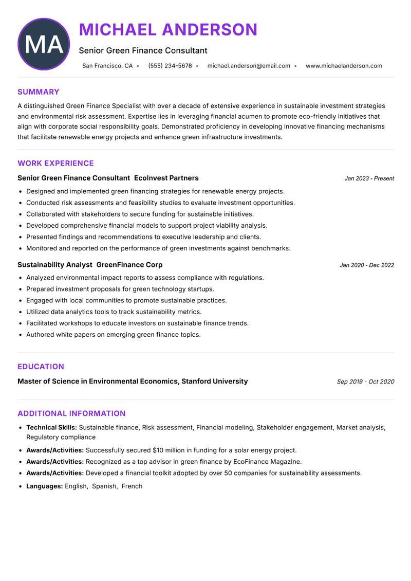 Green Finance Specialist resume example