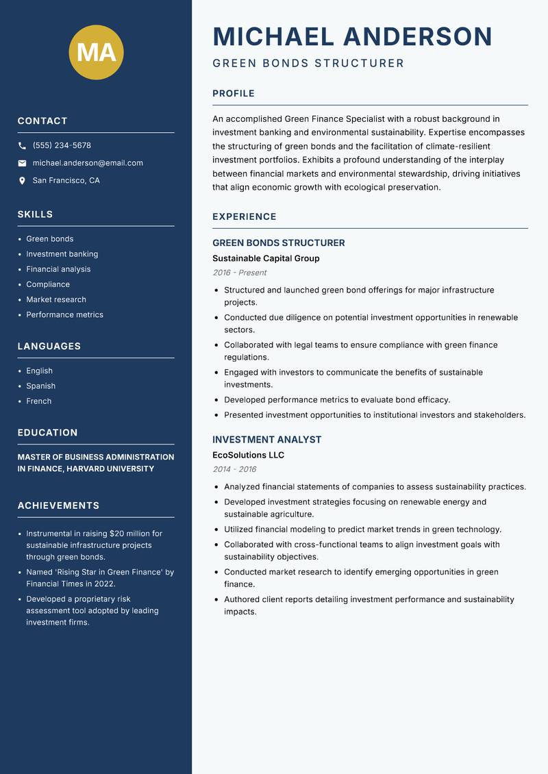 Green Finance Specialist resume sample — Green Bonds Structurer focus