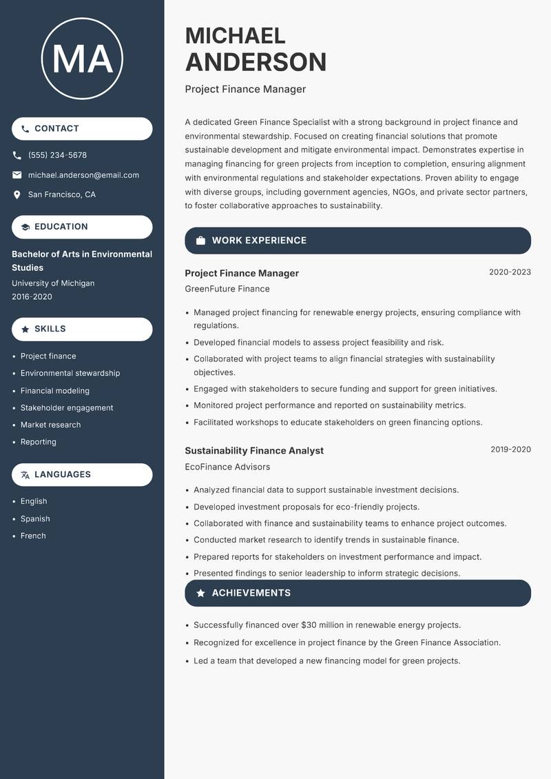 Green Finance Specialist resume sample — Project Finance Manager focus