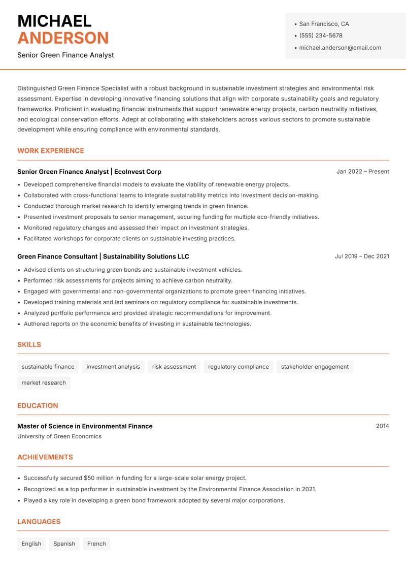 Green Finance Specialist resume sample — Senior Green Finance Analyst focus