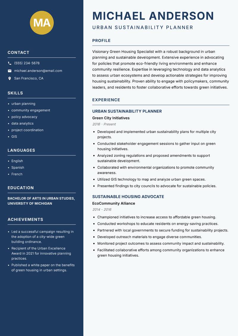 Green Housing Specialist resume sample — Urban Sustainability Planner focus