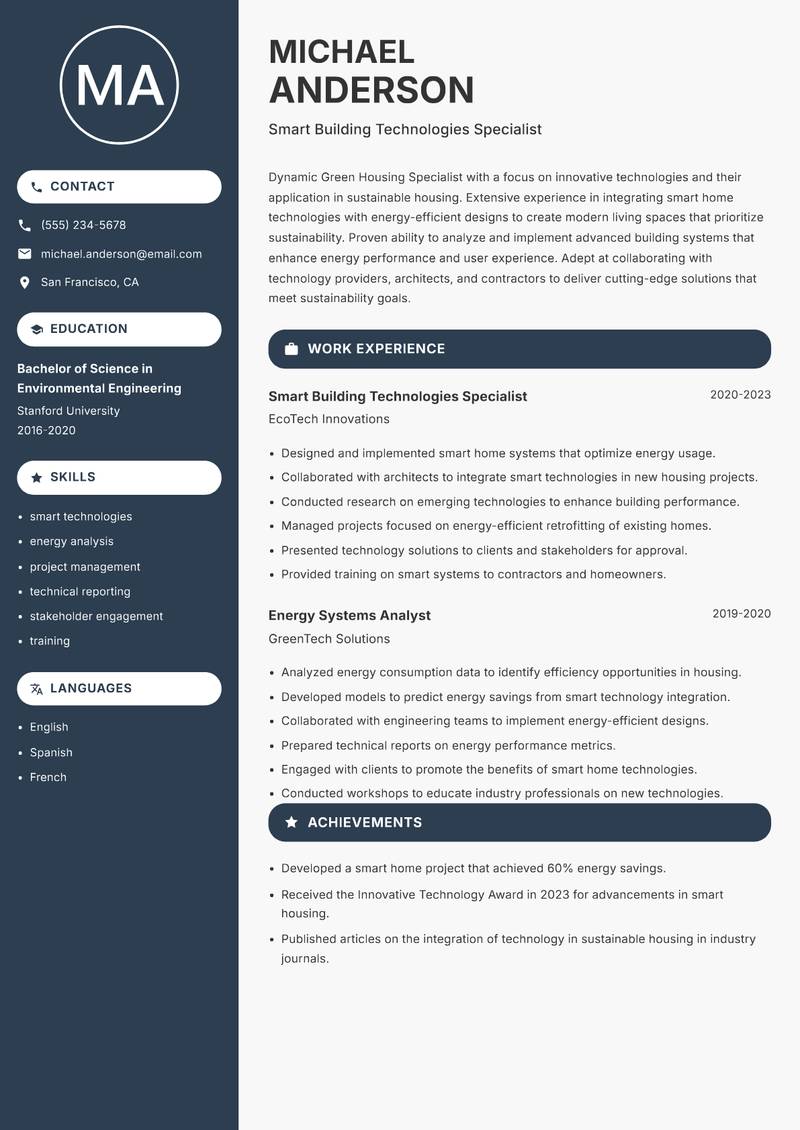 Green Housing Specialist resume sample — Smart Building Technologies Specialist focus