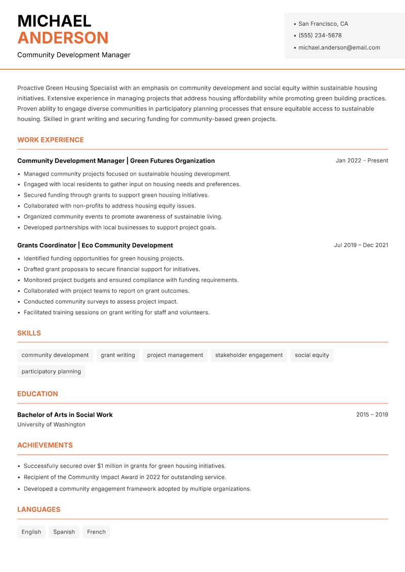 Green Housing Specialist resume sample — Community Development Manager focus