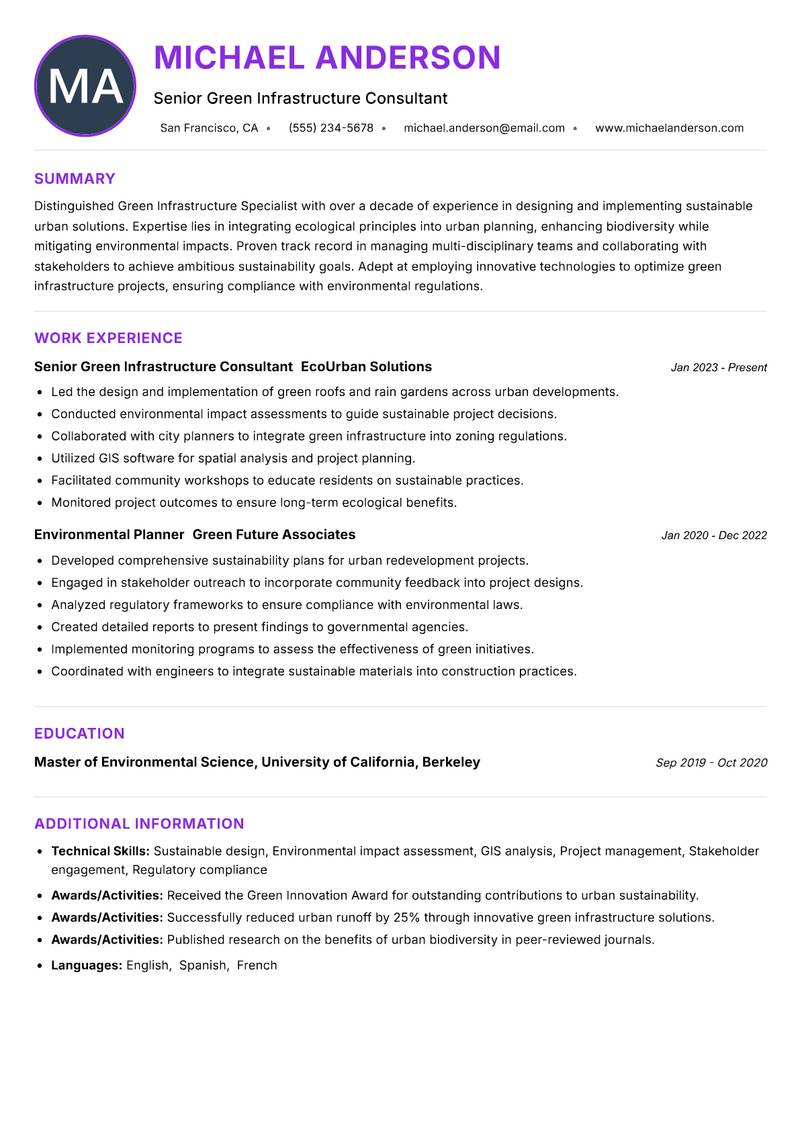 Green Infrastructure Specialist resume example