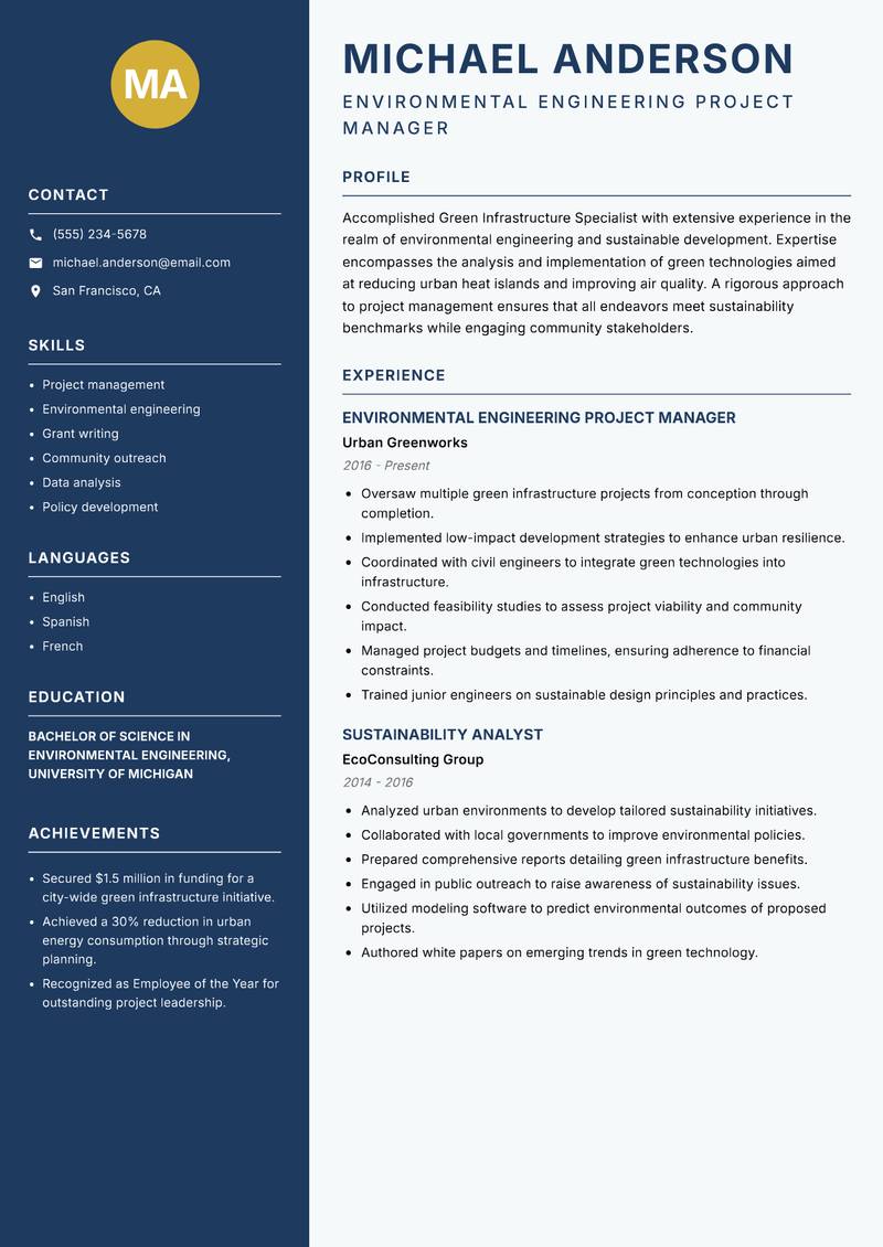 Green Infrastructure Specialist resume sample — Environmental Engineering Project Manager focus