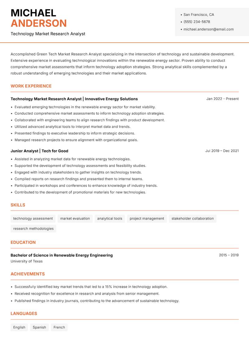 Green Tech Market Research Analyst resume sample — Technology Market Research Analyst focus