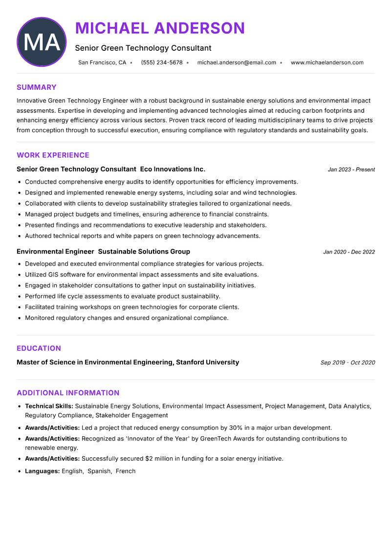 Green Technology Engineer resume example