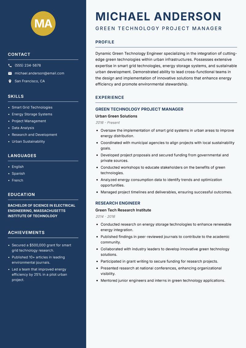Green Technology Engineer resume sample — Green Technology Project Manager focus