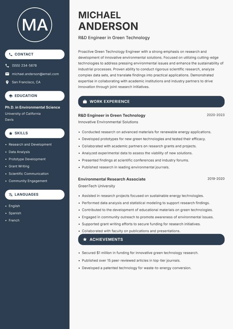 Green Technology Engineer resume sample — R&D Engineer in Green Technology focus