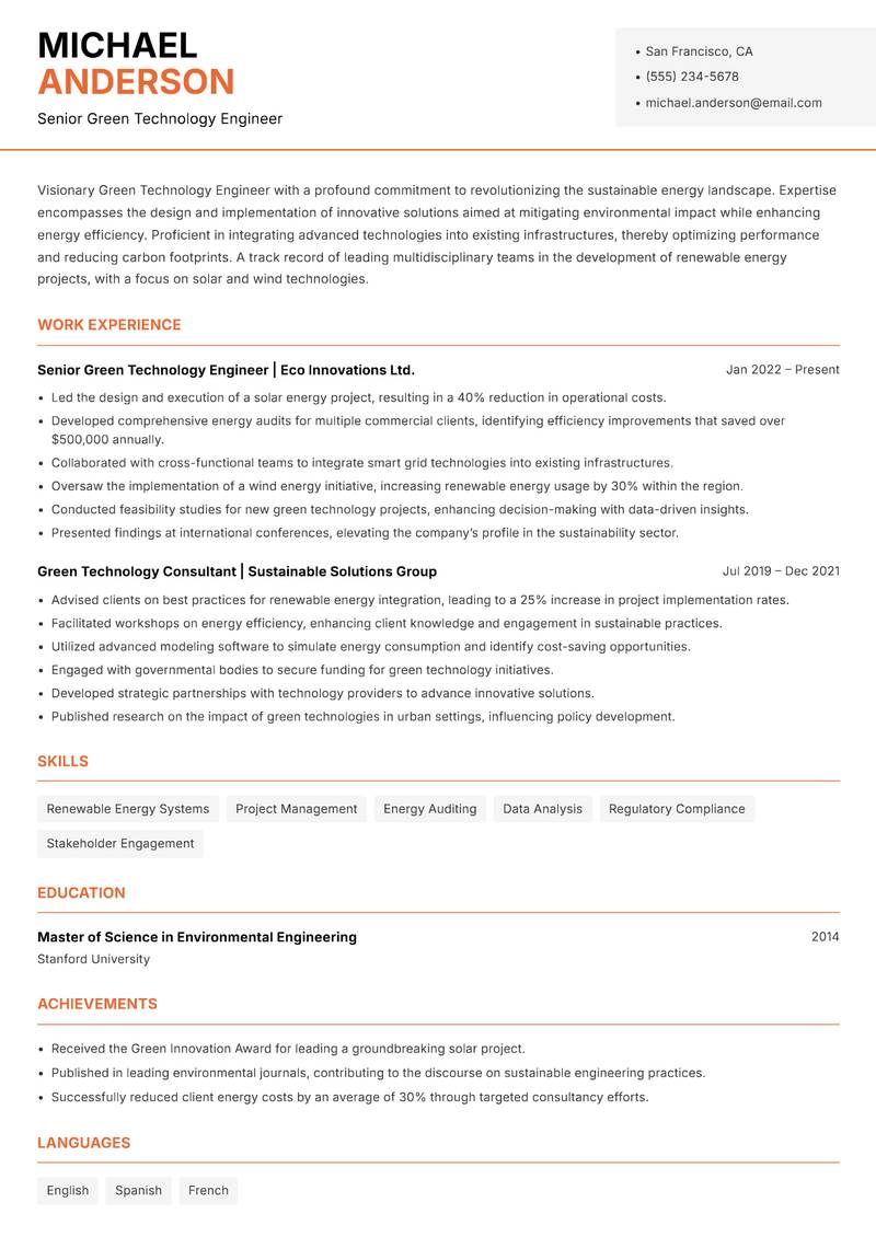 Green Technology Engineer resume sample — Senior Green Technology Engineer focus