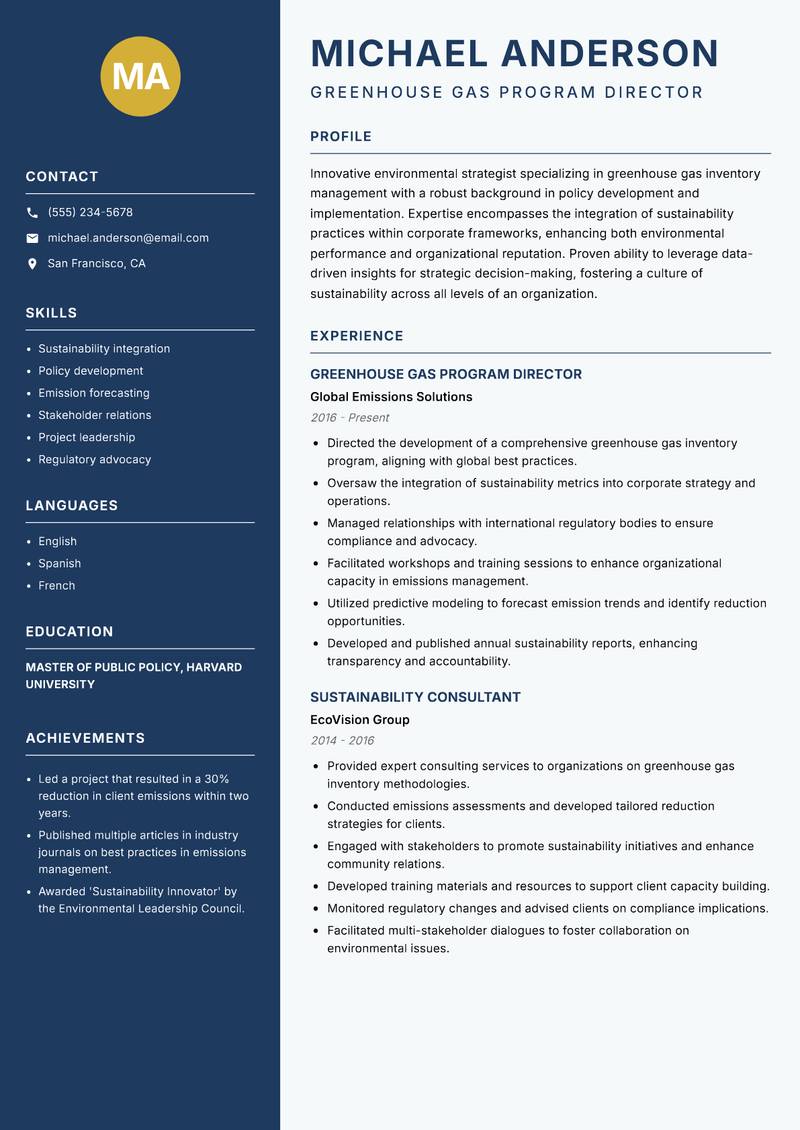Greenhouse Gas Inventory Manager resume sample — Greenhouse Gas Program Director focus