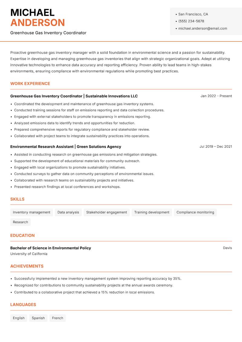 Greenhouse Gas Inventory Manager resume sample — Greenhouse Gas Inventory Coordinator focus