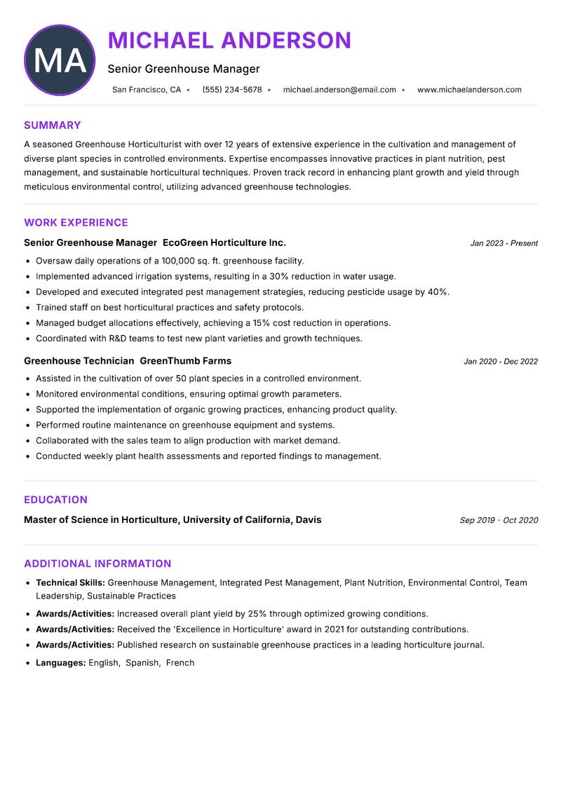 Greenhouse Horticulturist resume example