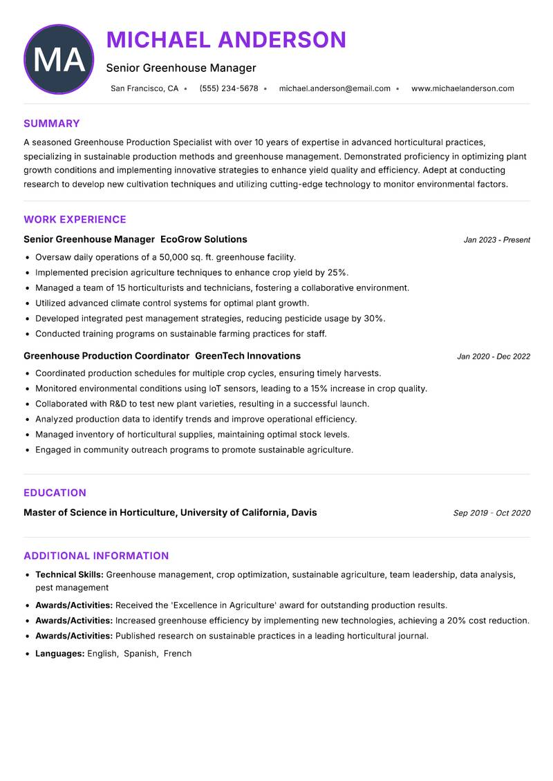 Greenhouse Production Specialist resume example
