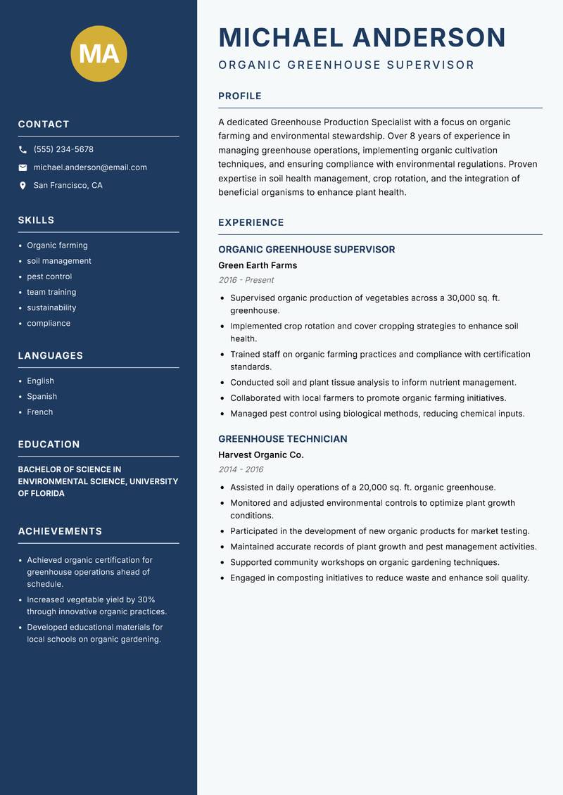 Greenhouse Production Specialist resume sample — Organic Greenhouse Supervisor focus