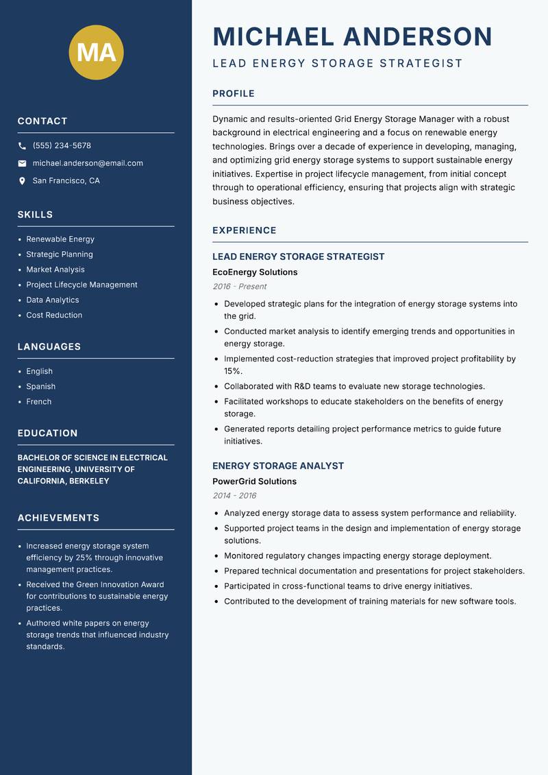 Grid Energy Storage Manager resume sample — Lead Energy Storage Strategist focus