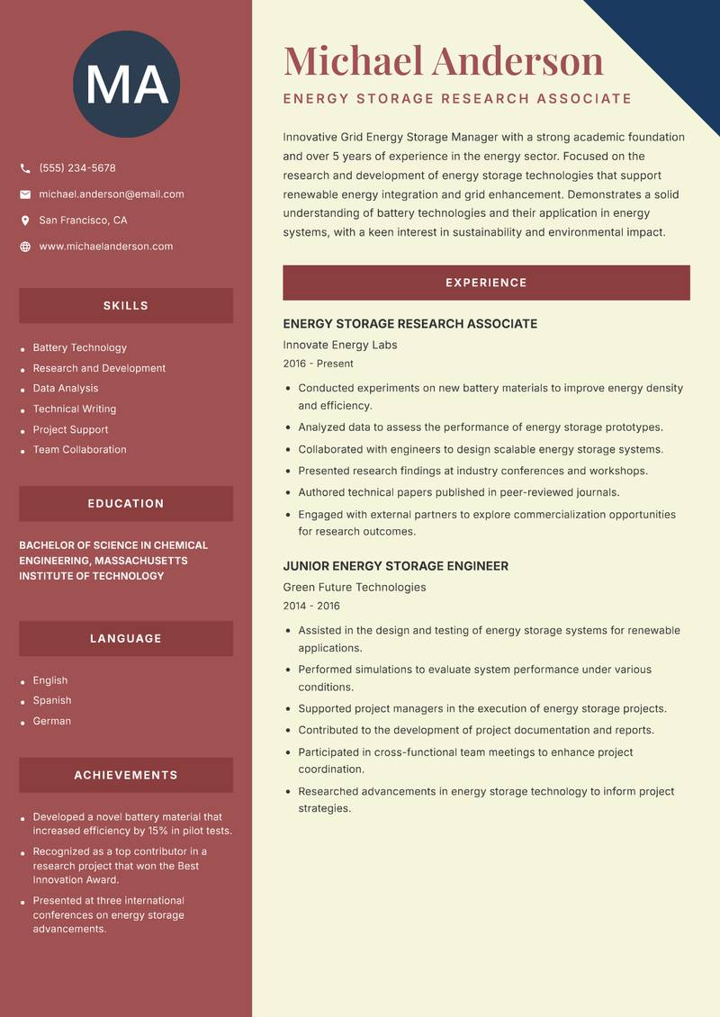 Grid Energy Storage Manager resume sample — Energy Storage Research Associate focus