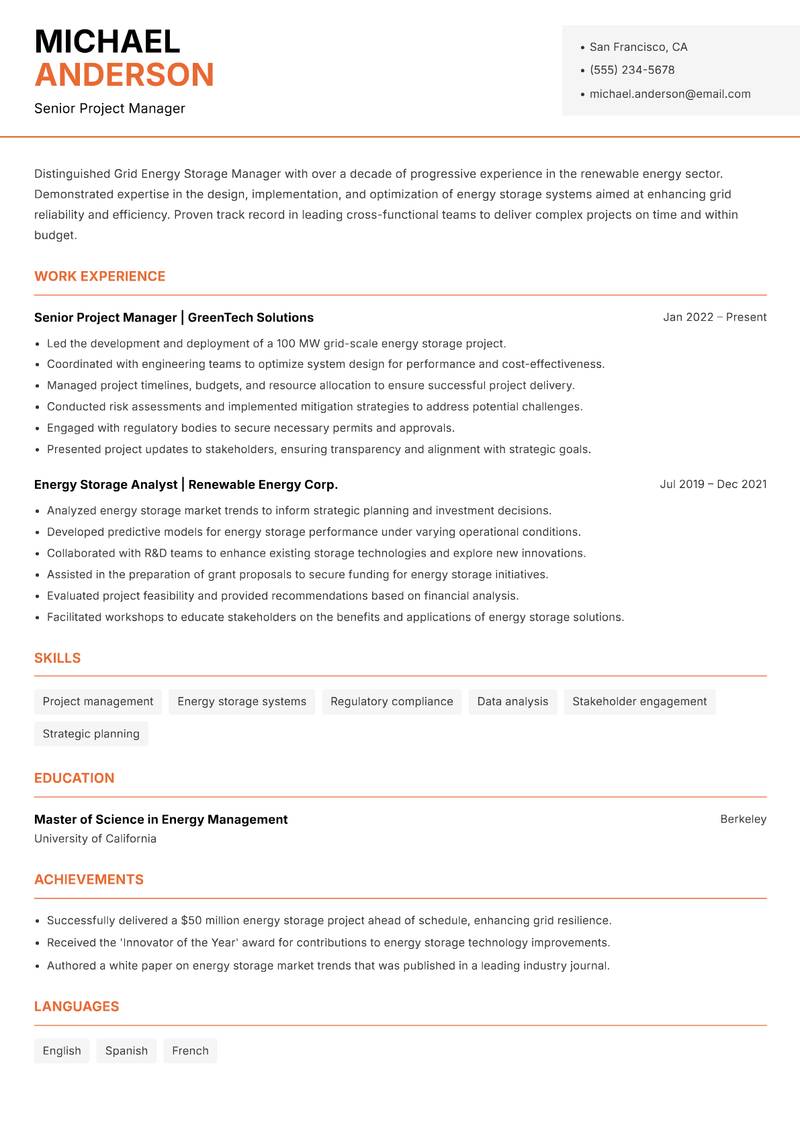 Grid Energy Storage Manager resume sample — Senior Project Manager focus