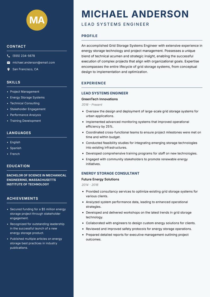Grid Storage Systems Engineer resume sample — Lead Systems Engineer focus