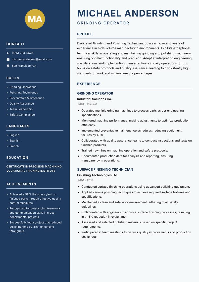 Grinding and Polishing Technician resume sample — Grinding Operator focus