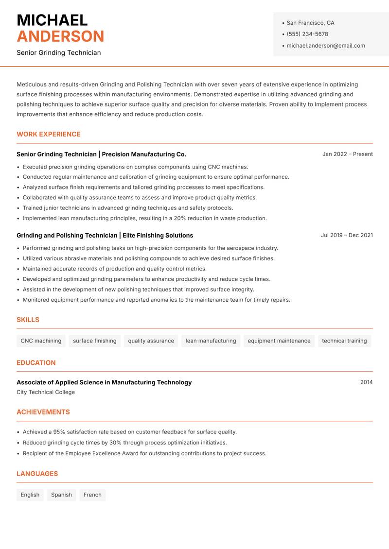 Grinding and Polishing Technician resume sample — Senior Grinding Technician focus