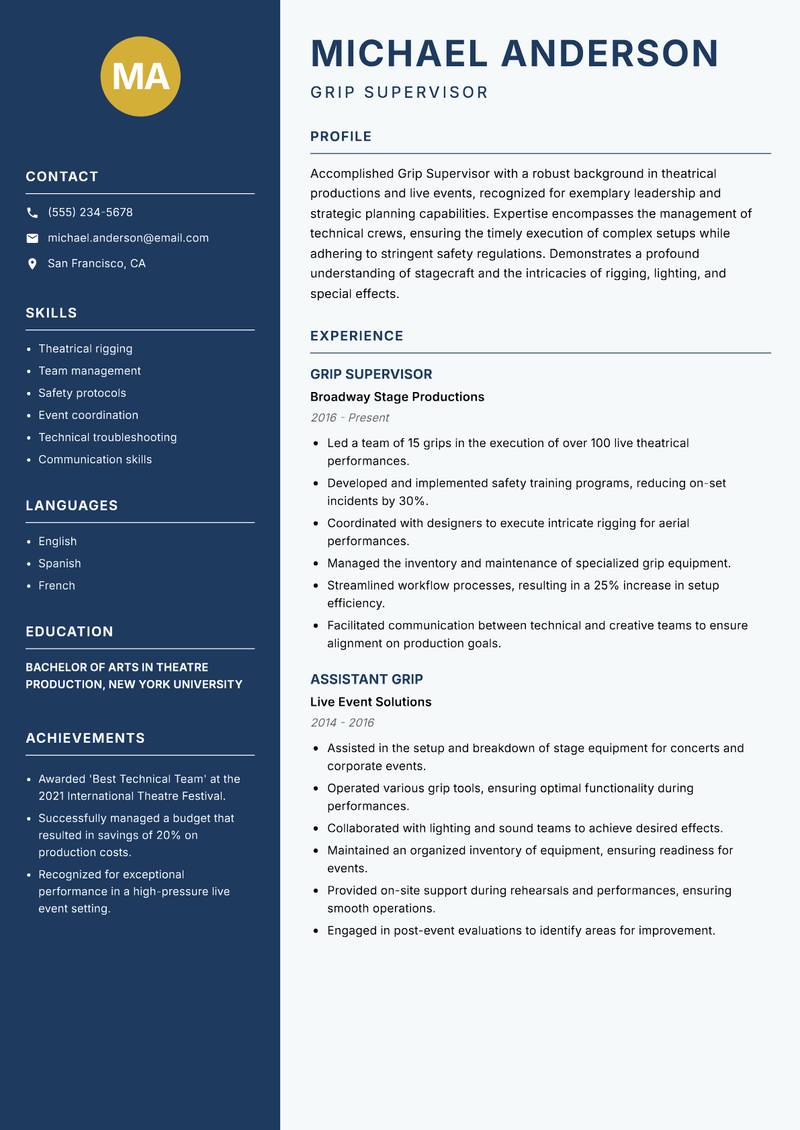 Grip resume sample — Grip Supervisor focus