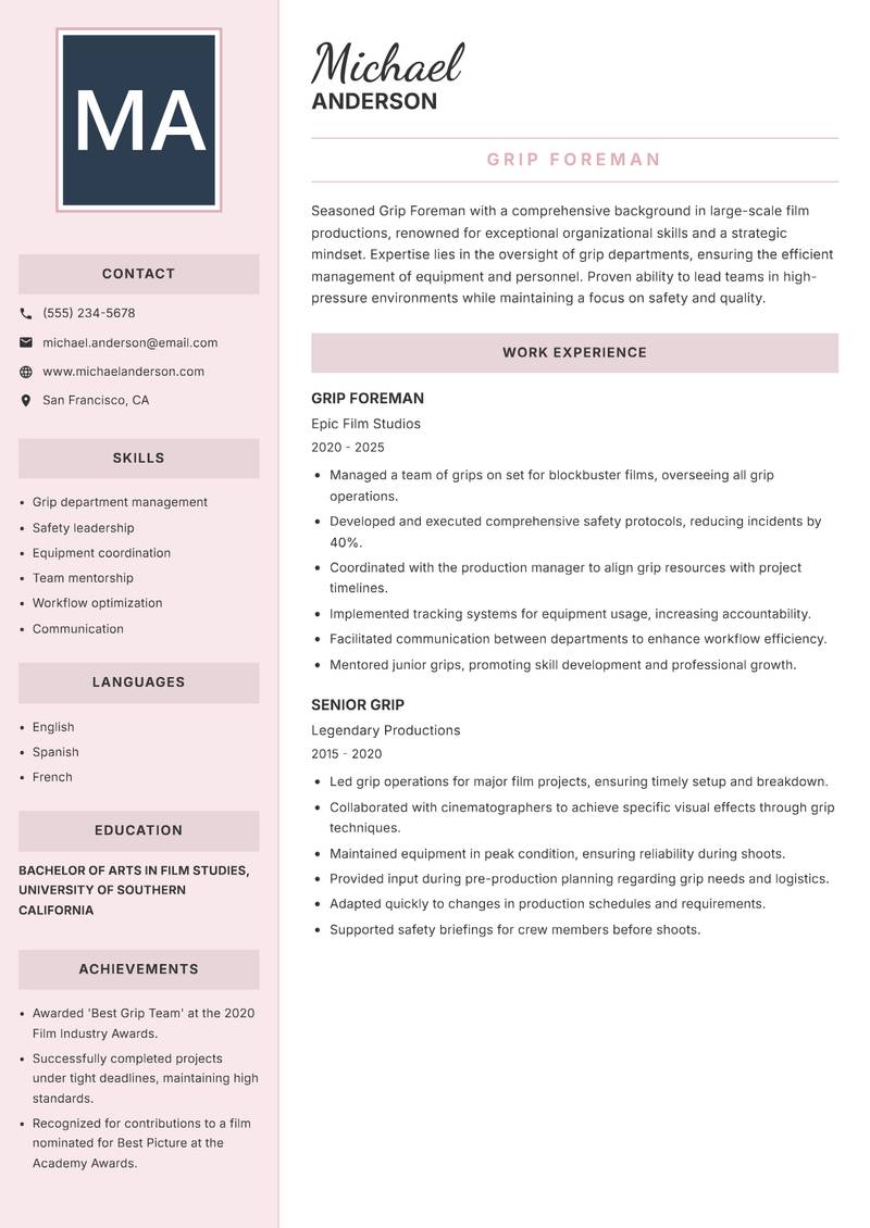 Grip resume sample — Grip Foreman focus