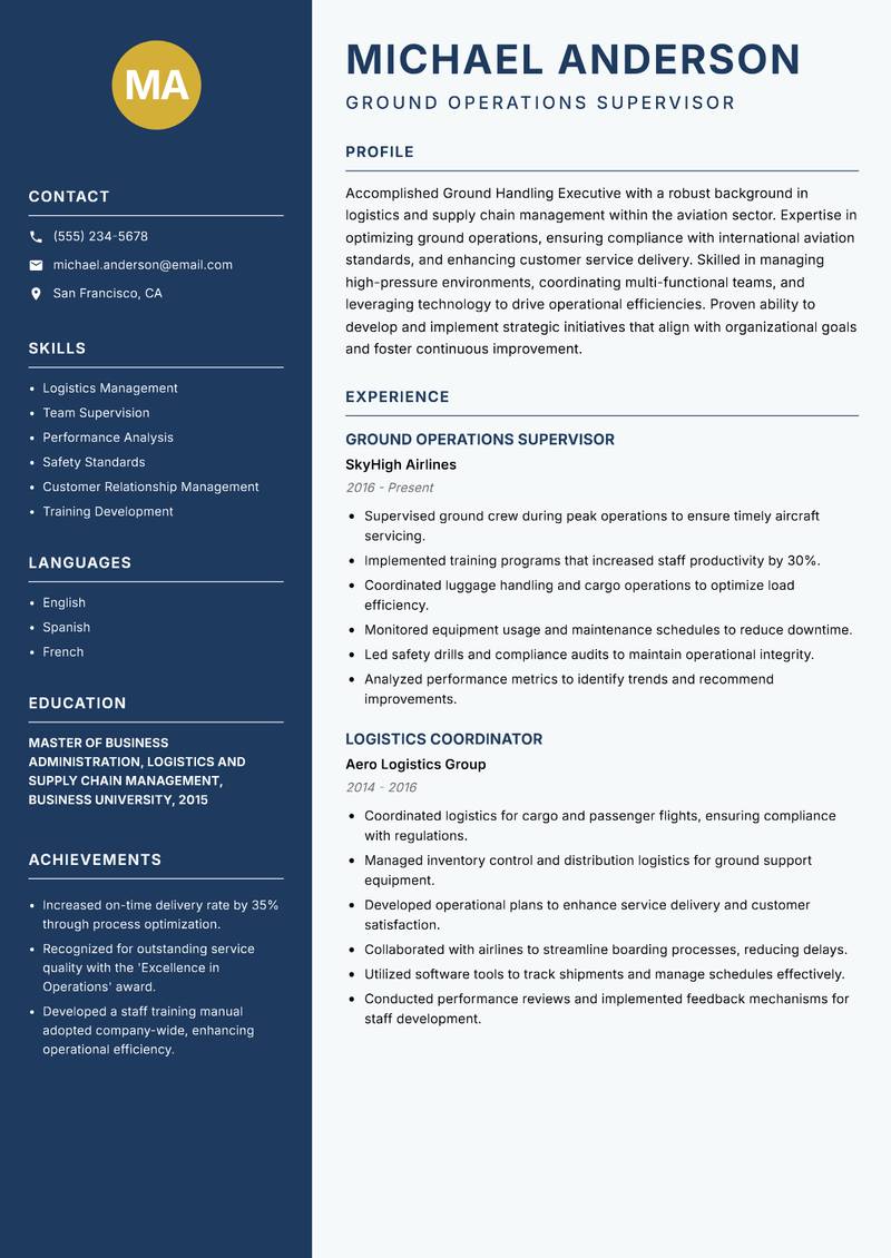 Ground Handling Executive resume sample — Ground Operations Supervisor focus