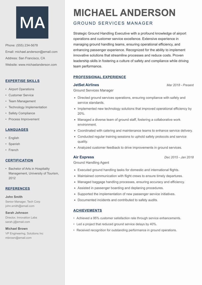 Ground Handling Executive resume sample — Ground Services Manager focus