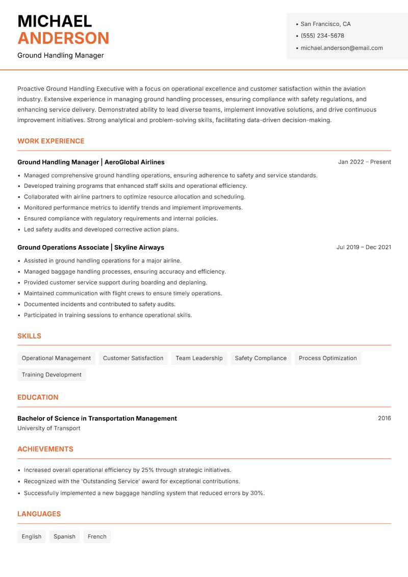 Ground Handling Executive resume sample — Ground Handling Manager focus