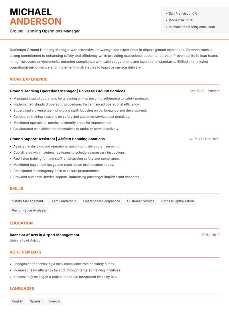 Ground Handling Manager resume sample — Ground Handling Operations Manager focus