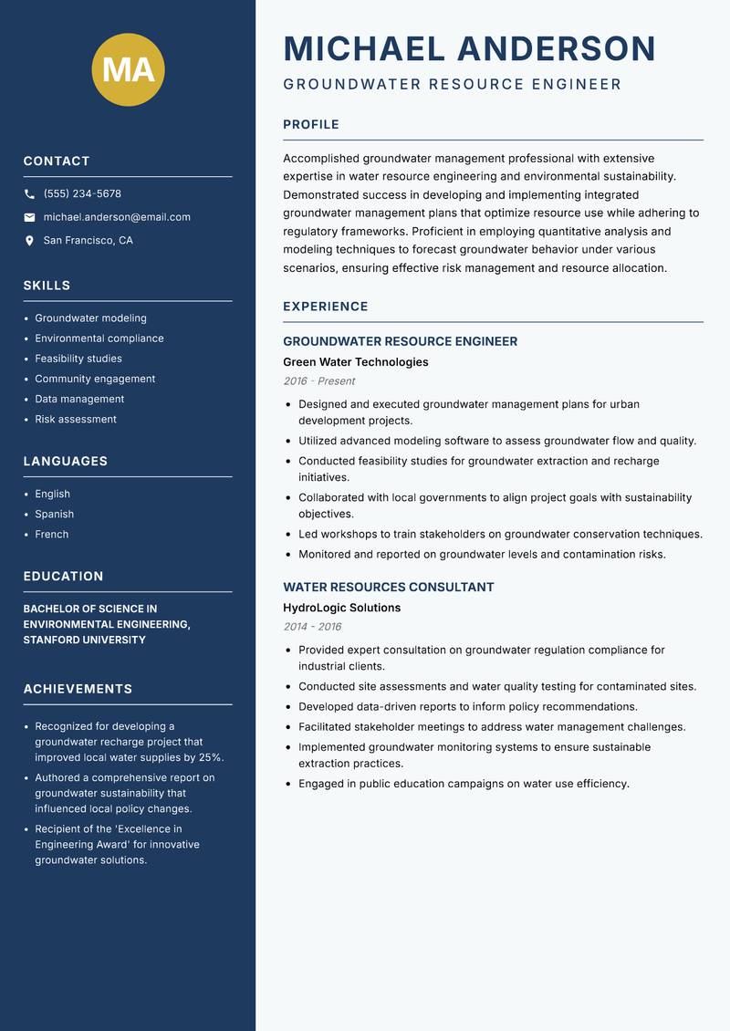 Groundwater Management Specialist resume sample — Groundwater Resource Engineer focus