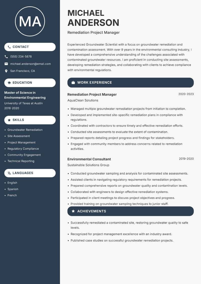 Groundwater Scientist resume sample — Remediation Project Manager focus
