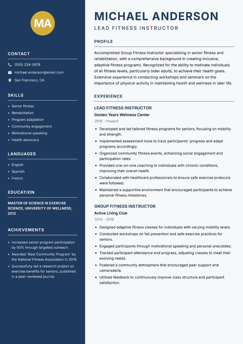 Group Fitness Instructor resume sample — Lead Fitness Instructor focus