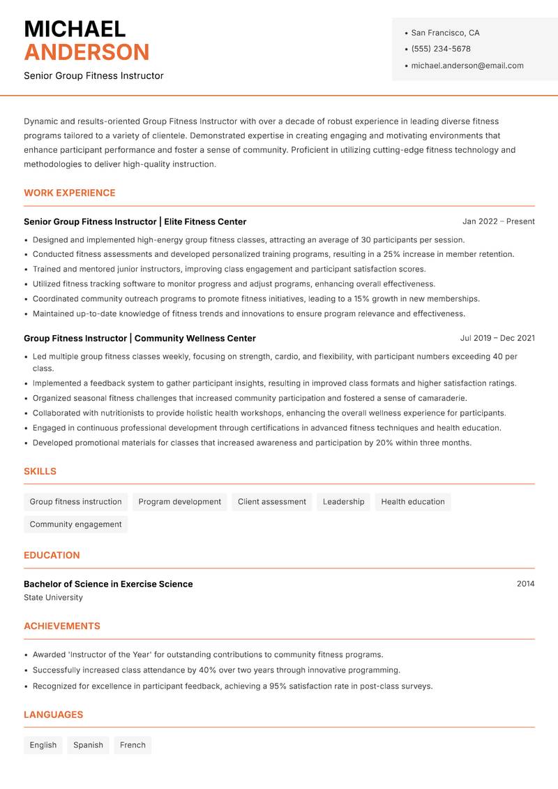 Group Fitness Instructor resume sample — Senior Group Fitness Instructor focus