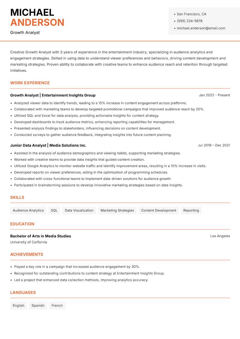 Growth Analyst resume sample — Growth Analyst focus