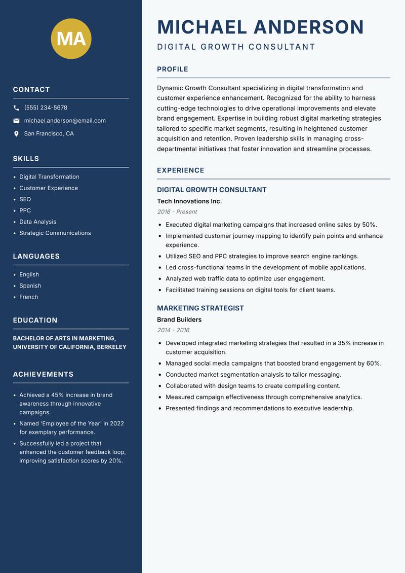 Growth Consultant resume sample — Digital Growth Consultant focus