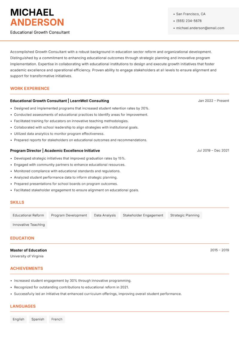 Growth Consultant resume sample — Educational Growth Consultant focus