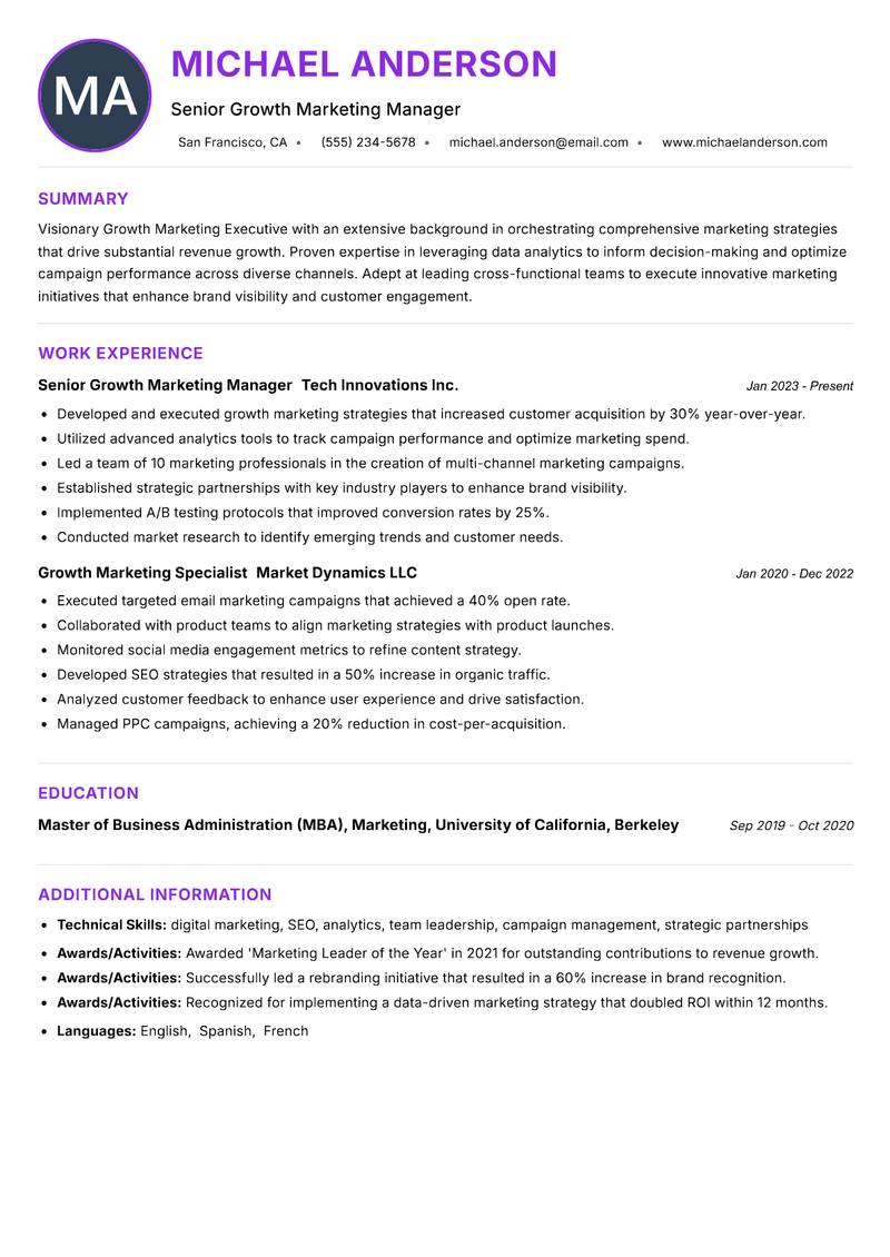 Growth Marketing Executive resume example