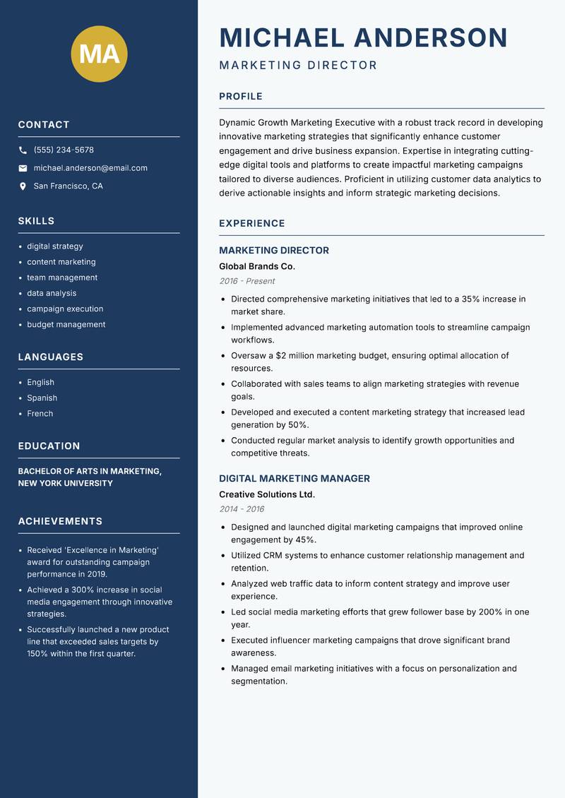Growth Marketing Executive resume sample — Marketing Director focus