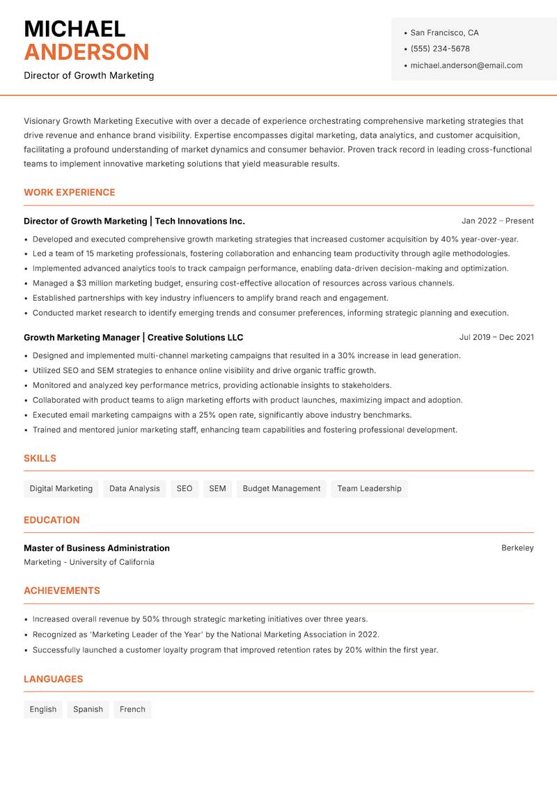 Growth Marketing Executive resume sample — Director of Growth Marketing focus