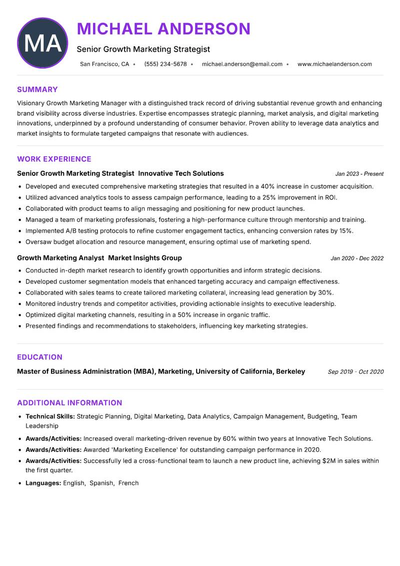 Growth Marketing Manager resume example