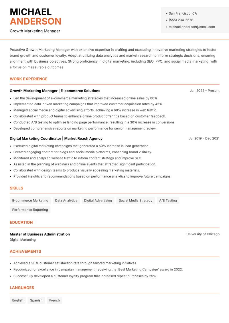 Growth Marketing Manager resume sample — Growth Marketing Manager focus