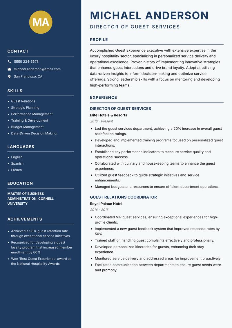 Guest Experience Executive resume sample — Director of Guest Services focus