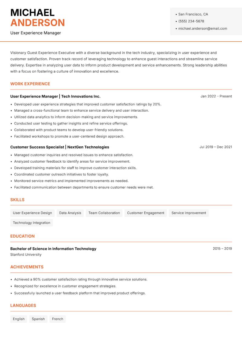 Guest Experience Executive resume sample — User Experience Manager focus