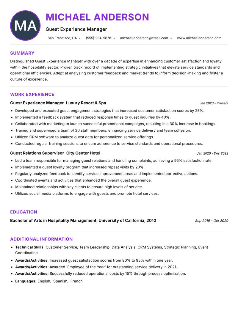 Guest Experience Manager resume example
