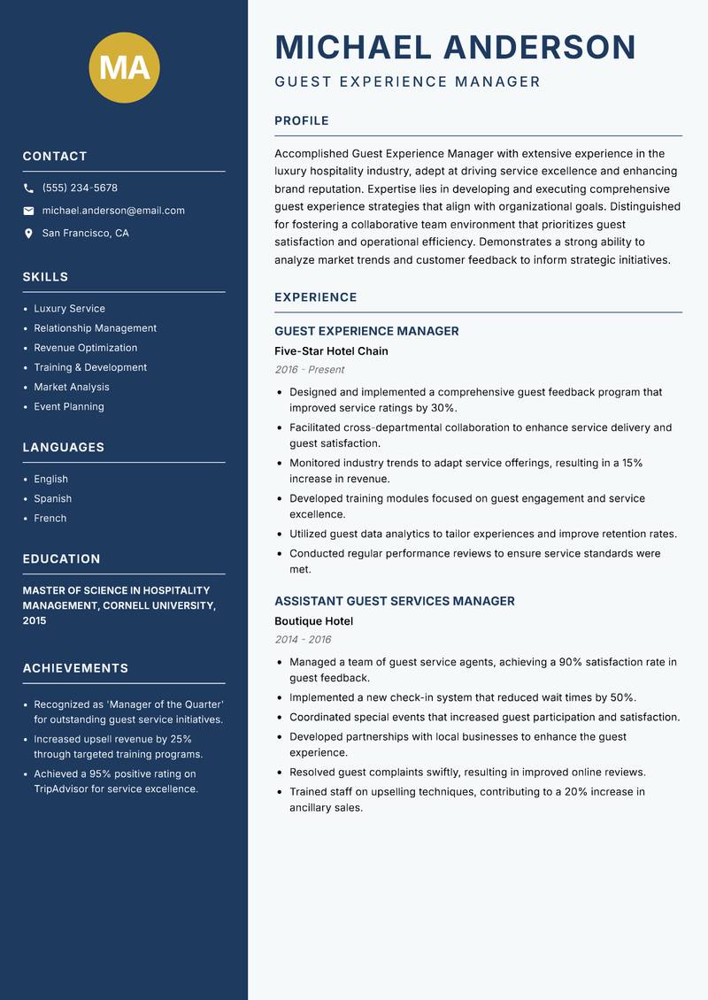Guest Experience Manager resume sample — Guest Experience Manager focus