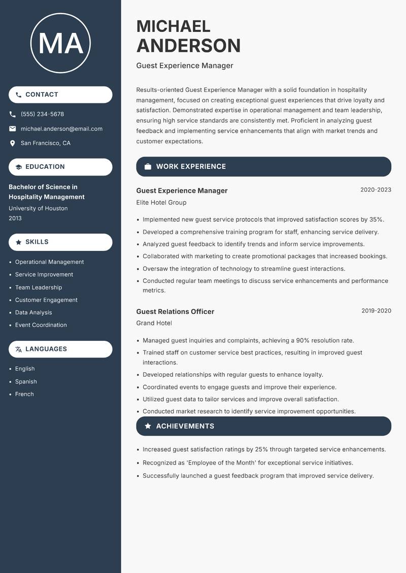 Guest Experience Manager resume sample — Guest Experience Manager focus