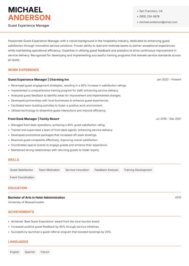 Guest Experience Manager resume sample — Guest Experience Manager focus